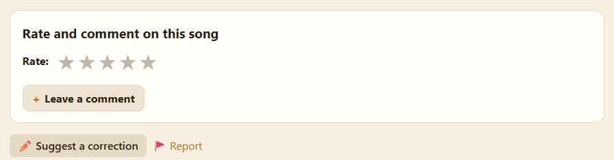 Bottom of a song page: the “Rate:” line and its five stars, the collapsed “Leave a comment” button, then the correction button and the report link.
