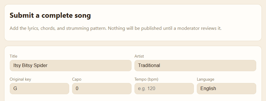 Top of the “Submit a complete song” form, filled in for Itsy Bitsy Spider: title, artist Traditional, key G, language English.
