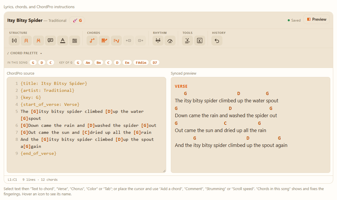 The song editor: the toolbar at the top, the ChordPro source of Itsy Bitsy Spider on the left and the preview on the right.