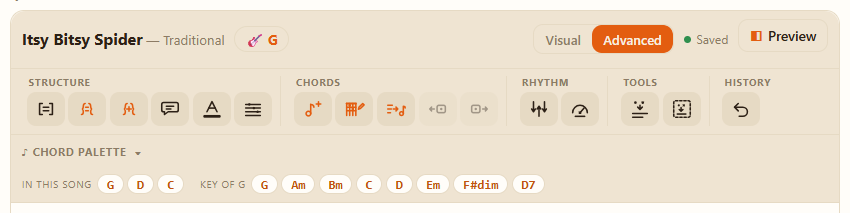 The advanced editor: the switch on “Advanced”, the toolbar and its Structure, Chords, Rhythm, Tools and History groups, then the chord palette.