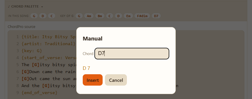 The add-a-chord window open in the editor, with the palette of chords in the key of G.