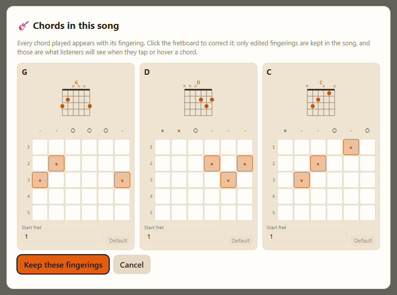 The “Chords in this song” window: a fingering diagram for each chord of Itsy Bitsy Spider.