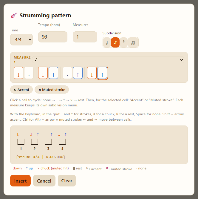 The “Strumming pattern” window: 4/4 time, a grid of eighth notes filled with down and up arrows, and the pattern preview in notation.