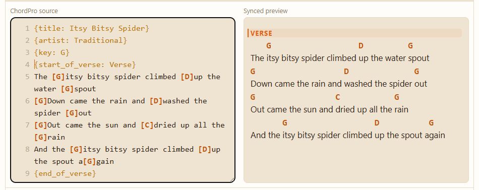 The Itsy Bitsy Spider source wrapped in start_of_verse and end_of_verse, and the preview where the “Verse” label tops the section.