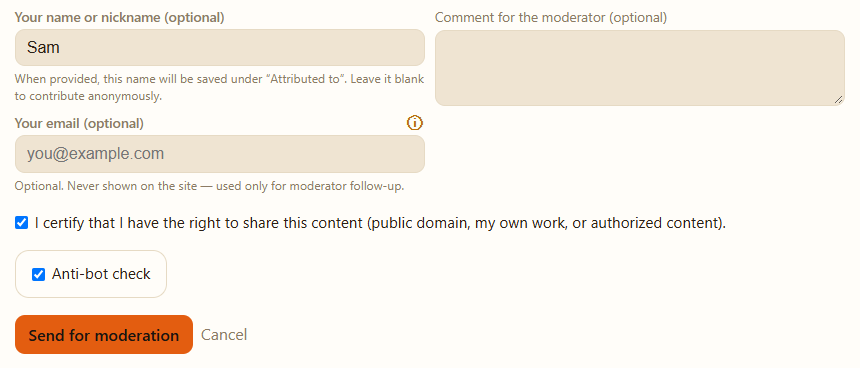 Bottom of the contribution form: name or nickname, optional email, comment for the moderator, certification box, anti-bot check and the “Send for moderation” button.
