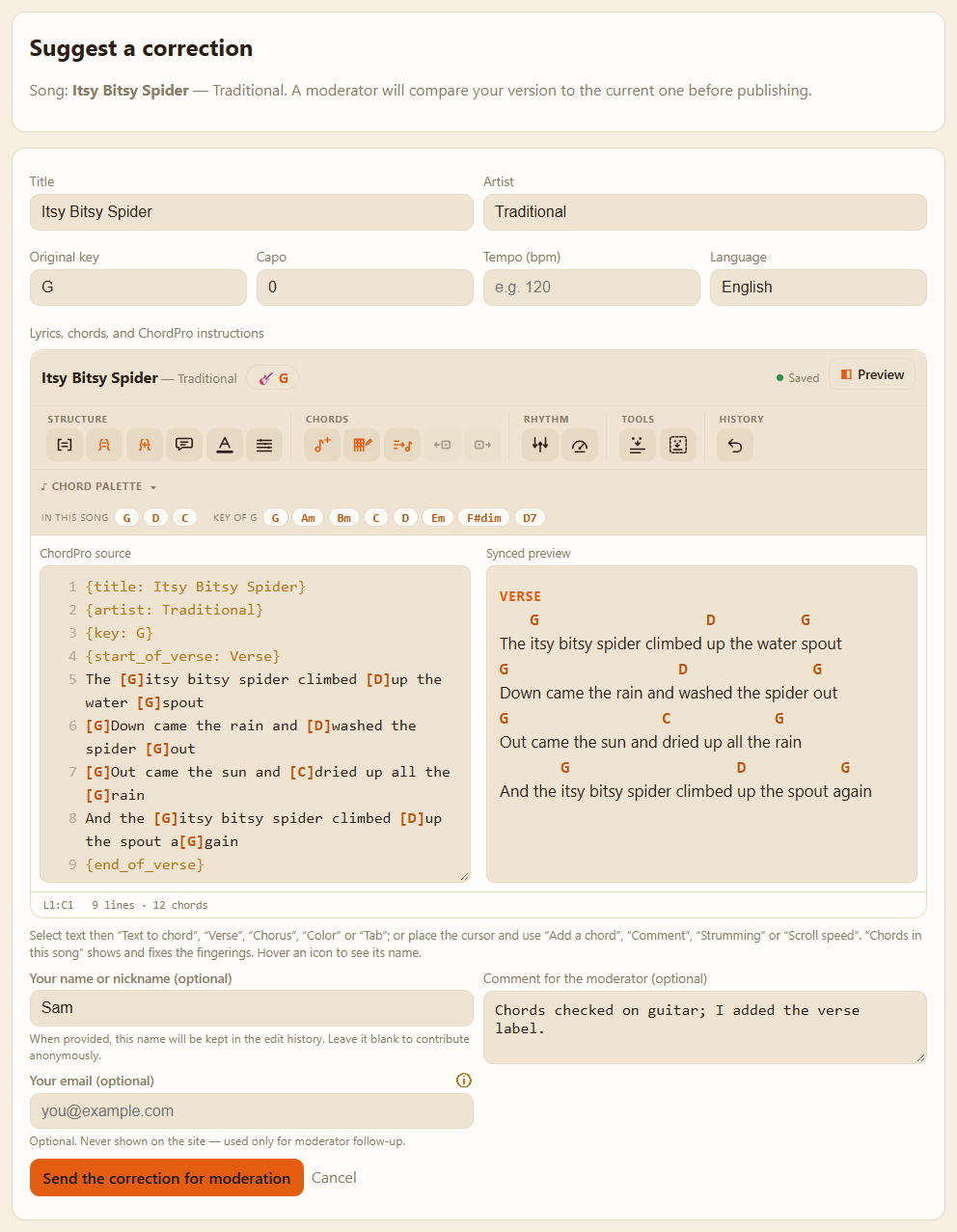The correction page: the editor open on the published song and, below it, the “Comment for the moderator (optional)” field.