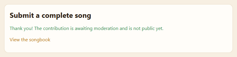 The confirmation message: “Thank you! The contribution is awaiting moderation and is not public yet.”