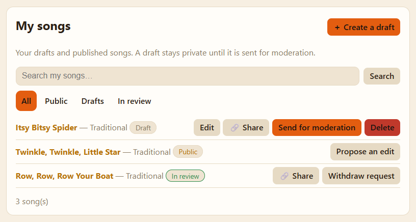 The “My songs” page: Itsy Bitsy Spider with the “Draft” label and its “Edit” and “Send for moderation” buttons.