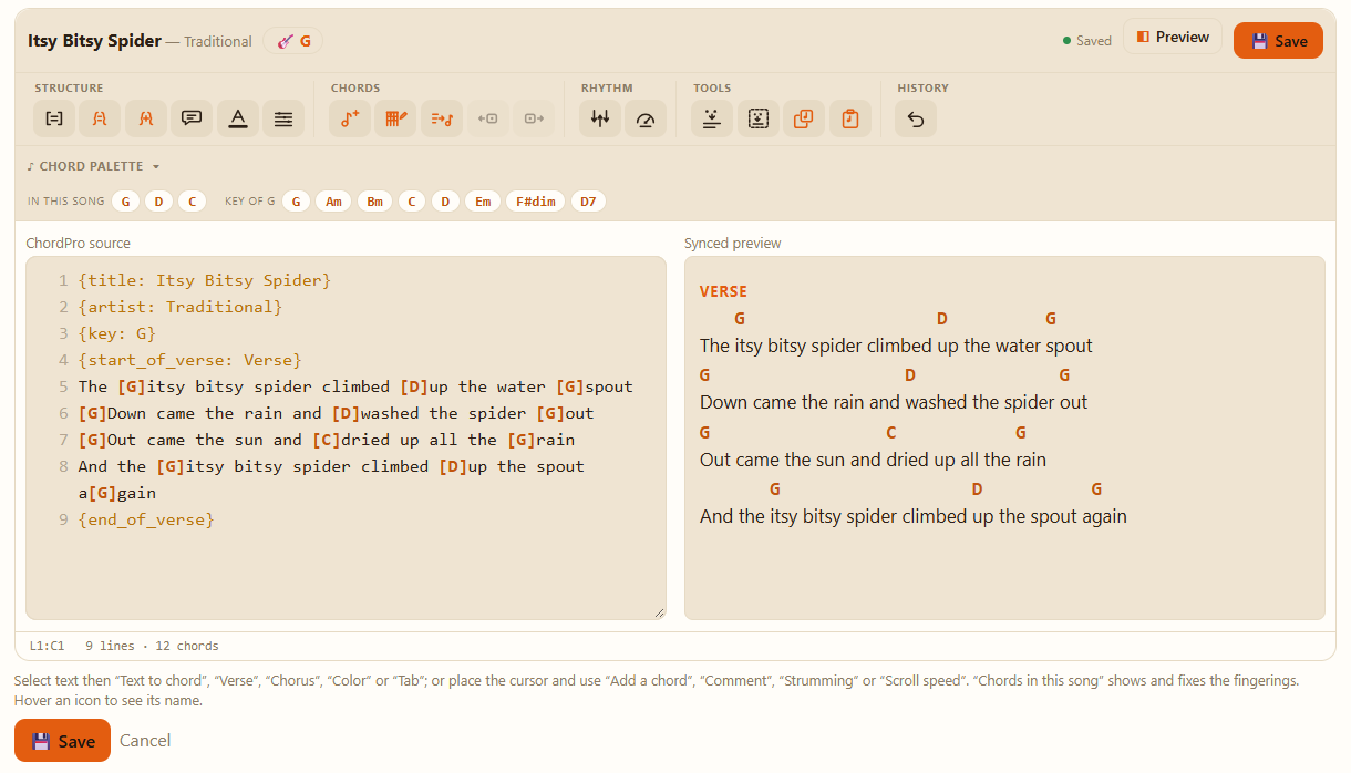 The “My songs” editor open on the Itsy Bitsy Spider draft: the “💾 Save” button in the top bar, the toolbar, the ChordPro source on the left and the preview on the right.