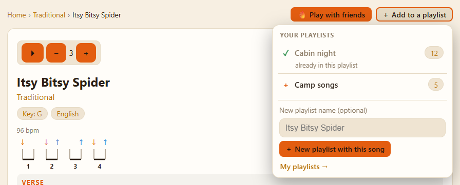 The top of the Itsy Bitsy Spider page, logged in: “🔥 Play with friends” and the open “+ Add to a playlist” menu. The “Cabin night” playlist already has the song, “Camp songs” can take it, and a field with a button starts a new playlist with it.