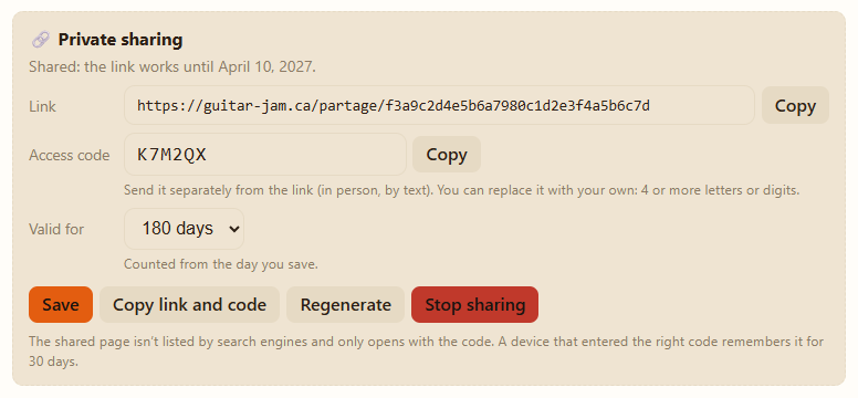 The “Private sharing” panel in the editor: the link, the access code, the 180-day validity and the “Save”, “Copy link and code”, “Regenerate” and “Stop sharing” buttons.