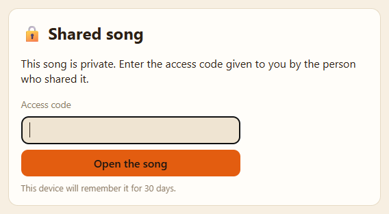 Page opened by the share link: the song is private, a “Access code” field and the “Open the song” button.