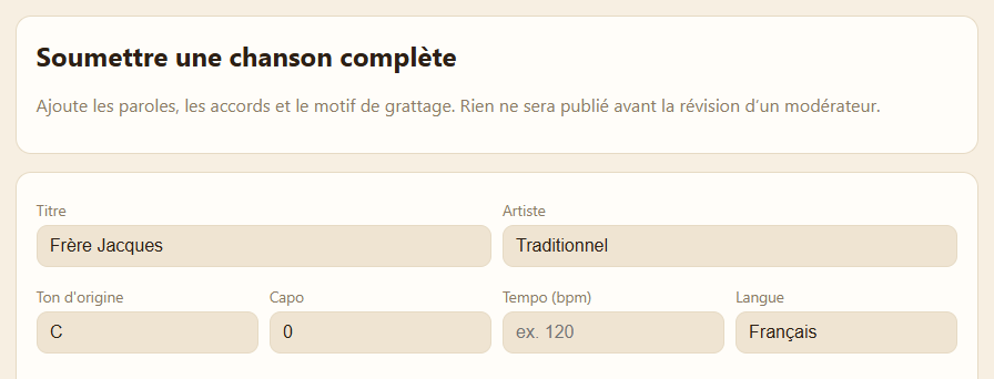 Haut du formulaire « Soumettre une chanson complète », rempli pour Frère Jacques : titre, artiste Traditionnel, tonalité C, langue française.
