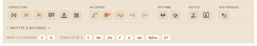 La barre d’outils de l’éditeur et ses groupes Structure, Accords, Rythme, Outils et Historique.