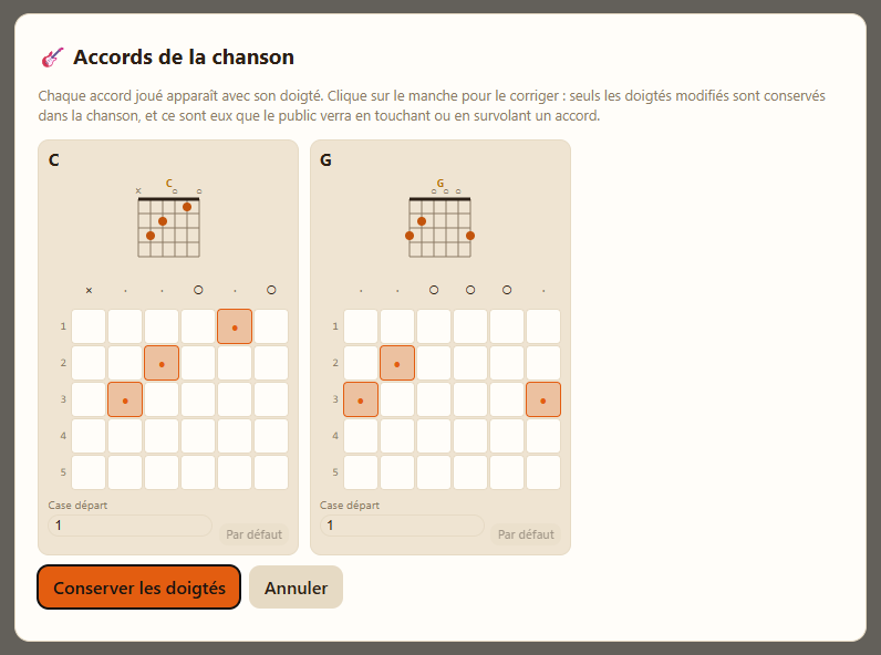 La fenêtre « Accords de la chanson » : un diagramme de doigté pour chaque accord de Frère Jacques.