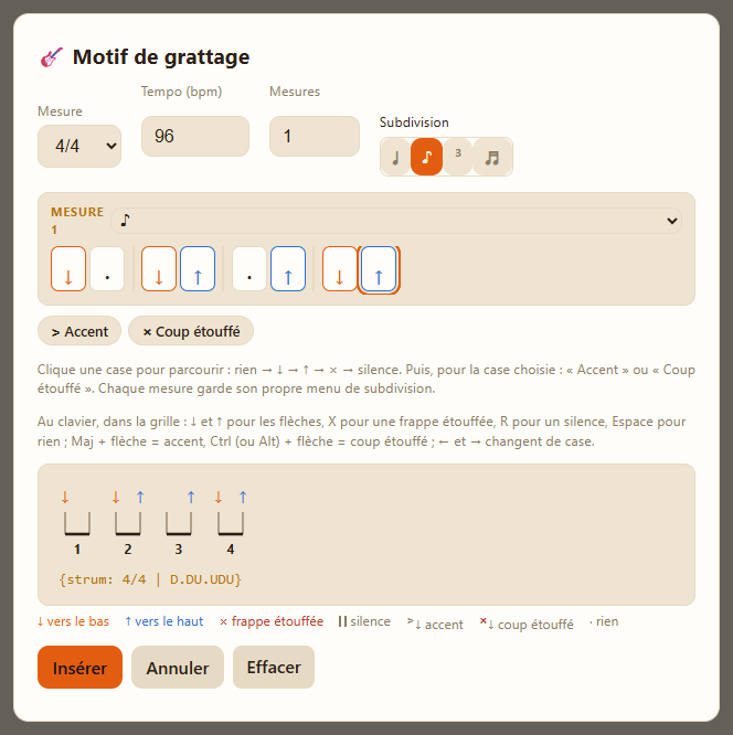 La fenêtre « Motif de grattage » : mesure 4/4, une grille de croches remplie de flèches vers le bas et vers le haut, et l’aperçu du motif en notation.