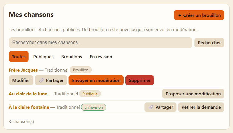 La page « Mes chansons » : Frère Jacques avec l’étiquette « Brouillon » et ses boutons « Modifier » et « Envoyer en modération ».