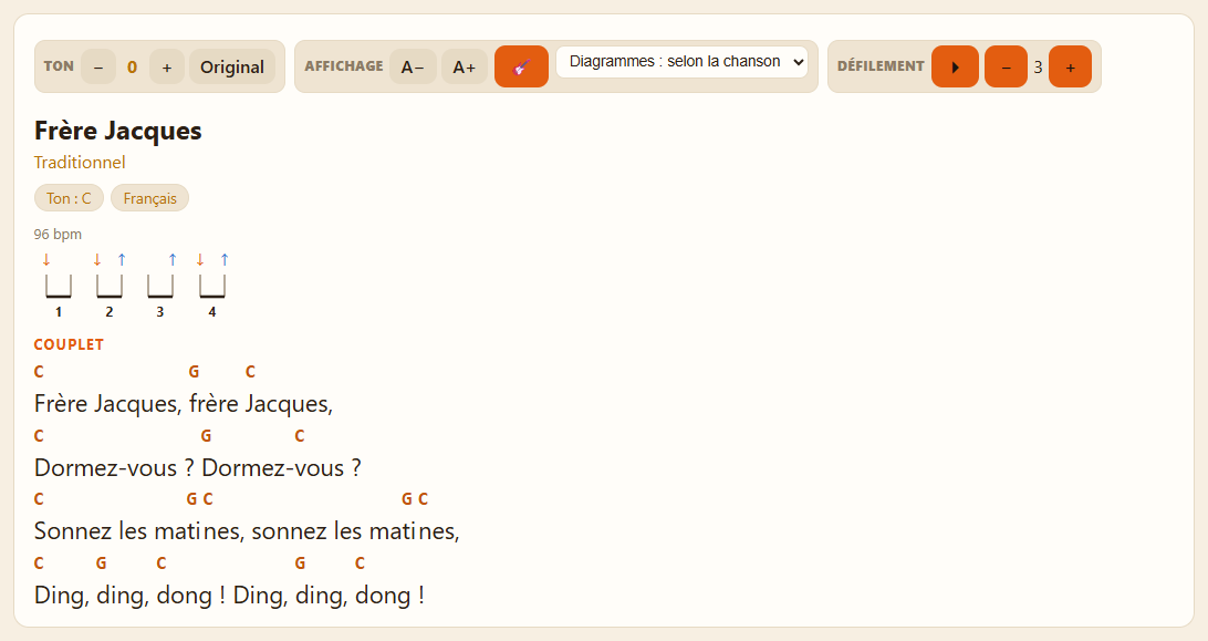 La page de Frère Jacques : sous le titre, le motif de grattage en notation rythmique, avec ses flèches et ses ligatures.
