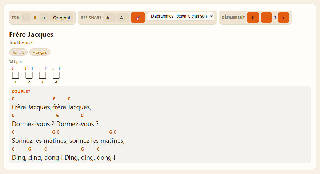 La page de Frère Jacques : sous le titre, le motif de grattage en notation rythmique, avec ses flèches et ses ligatures.